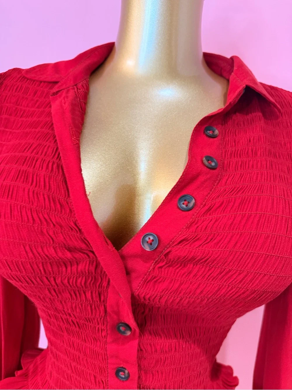 Free People Red Ruched Button-Front Long Sleeve Top